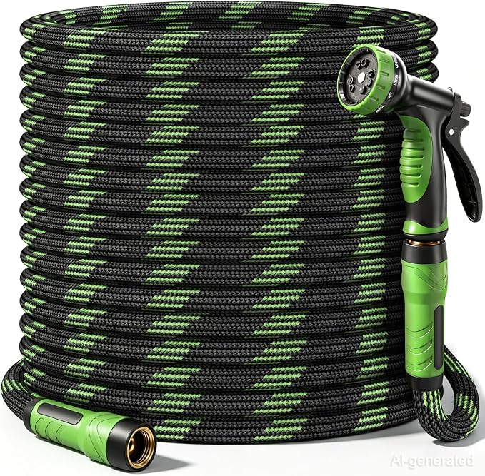 NON-EXPANDABLE Garden Hose 100 FT, Heavy Duty Steel Metal Flexible Water Hose with 10-Function Spray Nozzle, Durable Fabric Skin, No Kinks & Leak-Proof with Upgraded Handle