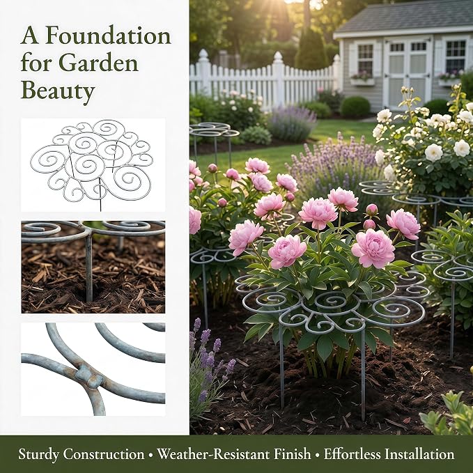 2026 New Peony Cages and Supports, Metal Plant Support Ring for Garden, Indoor Pots, Flower Hoop for Upright Growth and Protection (1, L（17.3" x 17.3"）* 2)