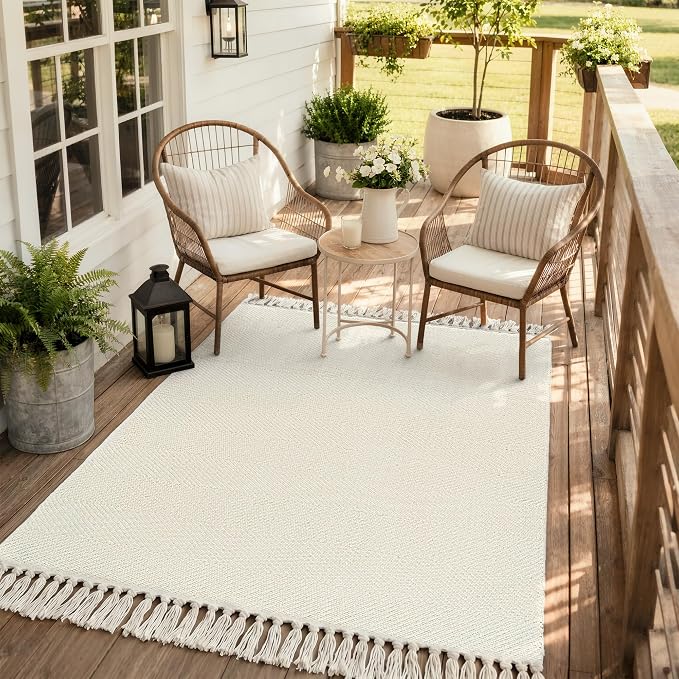 4' x 6' Bedroom Area Rug, White Modern Indoor Outdoor Rug | Boho Farmhouse Living Room Rugs, White Hand Woven Comfy Bedside Mats, Reversible Braided Dining Room Carpet for Nursery Patio