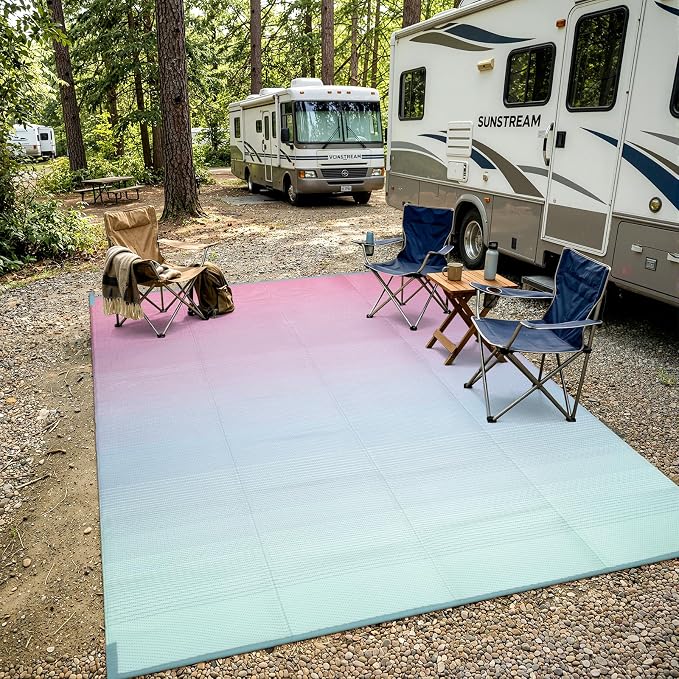 Lahome Reversible Rv Rugs for Outside Camping, 8x10 Waterproof Outdoor Pool Beach Area Rugs, Portable Lightweight Plastic Straw Carpet for Porch Backyard Garden, Pink Blue 8'x10'