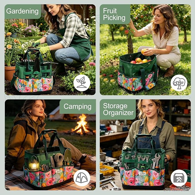 JLDTOP Garden Tool Bag with Hard Bottom, Multi-Pockets Gardening Tote with Shoulder Strap, for Women Outdoor Yard Plant Work Gift (Tools Not Included) (Green Floral)