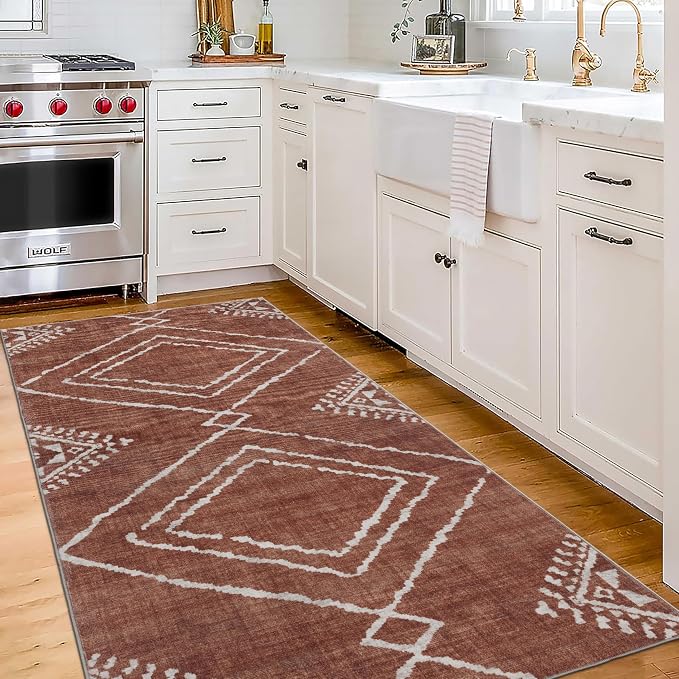 Machine Washable Area Rug Runner - Living Room Bedroom Bathroom Kitchen Entryway Office - Padded Low Pile Stain Resistant Premium - Moroccan Diamond Tribal - Jax - Orange 2'6" x 10'