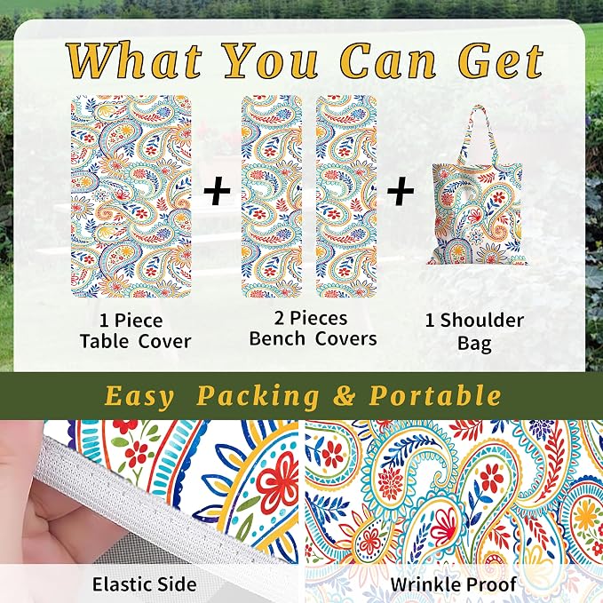 Picnic Table Cover with Bench Covers Elastic,Fitted Table Cloths for Rectangle Tables 6 Foot Washable,Waterproof Tablecloth for Outdoor Camping Essentials Accessories(6 Foot,Paisley