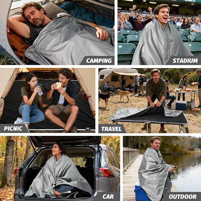 Large Waterproof Outdoor Picnic Blanket 80"x 58" | Windproof Lightweight Stadium Blanket, Packable, Stay Dry and Comfortable for Camping, Sports, Travel - Grey