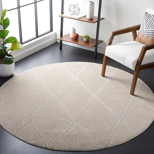SAFAVIEH Revive Collection Area Rug - 6'7" Round, Beige, Trellis Design, Non-Shedding & Easy Care, Ideal for High Traffic Areas in Living Room, Bedroom (REV104B)