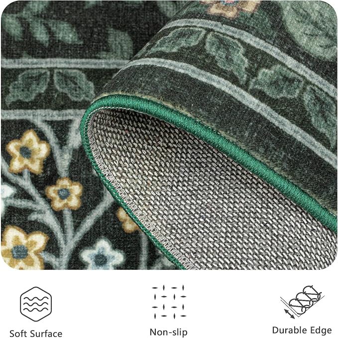 6x9 Area Rugs, Washable Floral Rugs for Living Room, Indoor Area Rug for Bedroom, Dining Room, Low Pile Non-Slip Non Shedding Rug(Dark Green Floral)