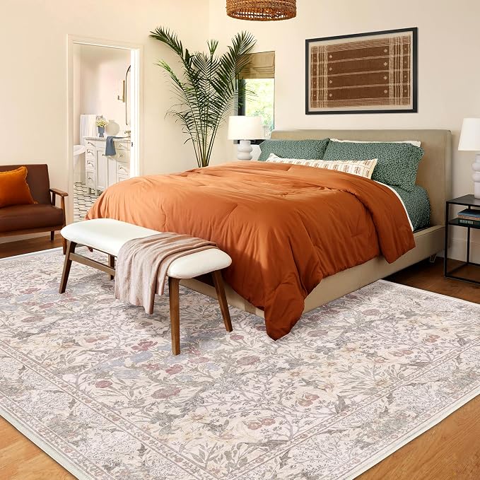 5x7 Washable Rug Vintage Floral Beige Area Rug Non Slip Low Pile Large Rugs for Living Room, Bedroom, Farmhouse, Dining Room, Kids Playroom