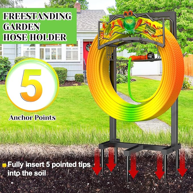 Garden Water Hose Holder with 5 Spikes, Upgraded Freestanding Heavy Duty Hose Hanger Holds 150-feet Hose, Sturdy Hose Stand Storage Rack for Outside Yard Lawn (Black - Frog)