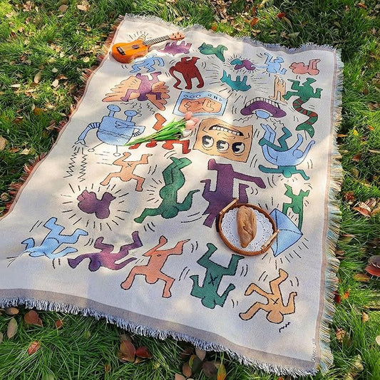 White Picnic Blanket, Extra Large Soft Cotton Gauze Picnic Rug 71"x71", Lightweight Breathable Blanket, Machine Washable for Beach, Camping, Park, Couples (Vibrant Doodles - No Straps)