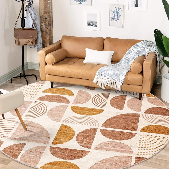 Round Rugs 6ft,Circle Area Rug Washable Non Slip Modern Abstract Boho | Large Circular Rugs for Living Room Dining Room Boho Throw Carpet Soft Low Pile Floor Indoor Bohemian Orange
