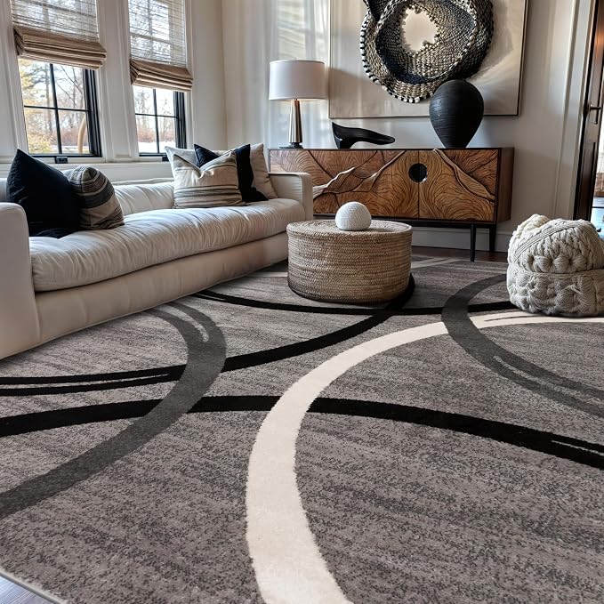 Rugshop Wavy Circles Non-Shedding Living Room Area Rug Gray 7'10" x 10'2" | Rectangular, Size 7'10" x 10'2", Bedroom, Dining Room, Home Office, Kitchen, Entryway, Hallway, Nursery, Kids Room, Bedside
