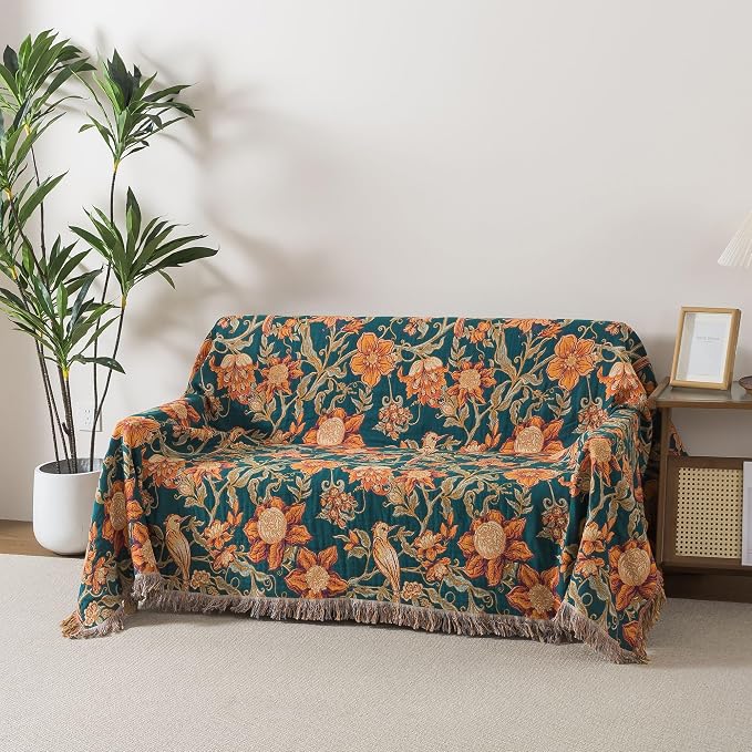 Phuryllic Boho Throw Blanket Twin Size, Soft Cozy Cotton Muslin Quilt Blanket for Bed Decor, Floral Patterned Couch Sofa Chair Cover, Vintage Farmhouse Cottage Tapestry Woven Blanket, Green&Orange
