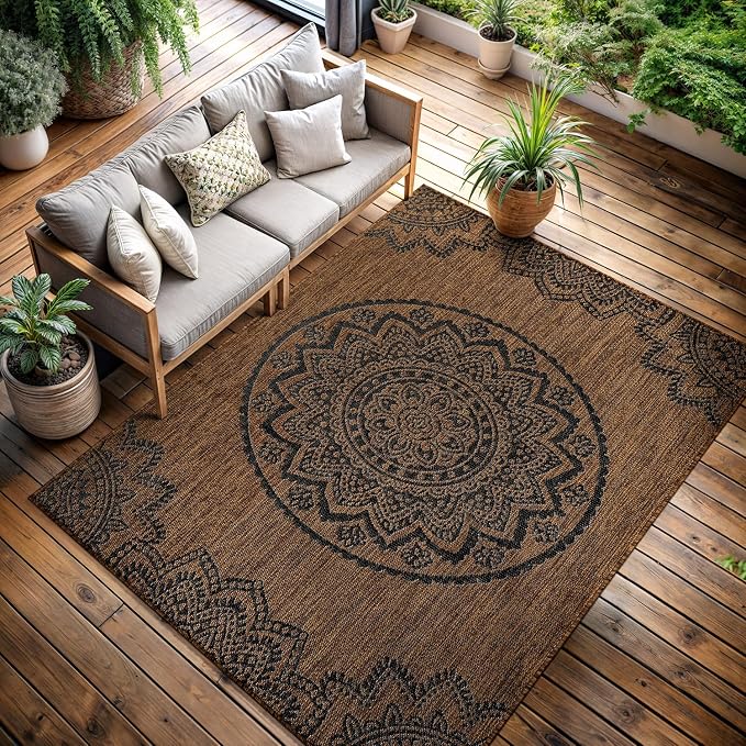 CAMILSON Outdoor Rug 8x10 Modern Area Rugs for Indoor and Outdoor Patios and Porches - Waterproof Washable Non-Shedding Easy-to-Clean Outside Carpet (8 x 10 Medallion - Gold/Black)