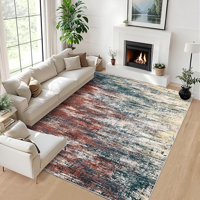 ROYHOME Washable Rug 5x7 Abstract Area Rug for Living Room, Red Multi | Non Slip Foldable Soft Rugs for Bedroom, Stain Resistant Rugs Modern Fuzzy Rug, Indoor Floor Carpet for Entryway Home