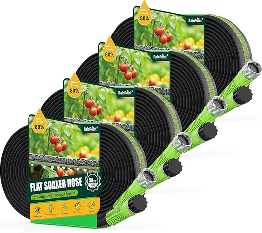 RAINPOINT 200FT Flat Soaker Hose for Garden (50FT x 4 Pack), Flexible & Leakproof Drip Hose with Anodized Aluminum Fittings, Double Layer 80% Water-Saving Irrigation Hose, Green