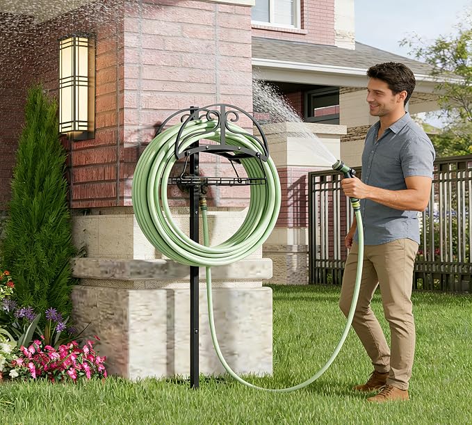 Freestanding Garden Hose Organizer with Storage Basket - Heavy-Duty Black Powder-Coated Hose Stand, Detachable Design Holds 150FT Hose, Includes Wrench & Screwdriver for Easy Assembly
