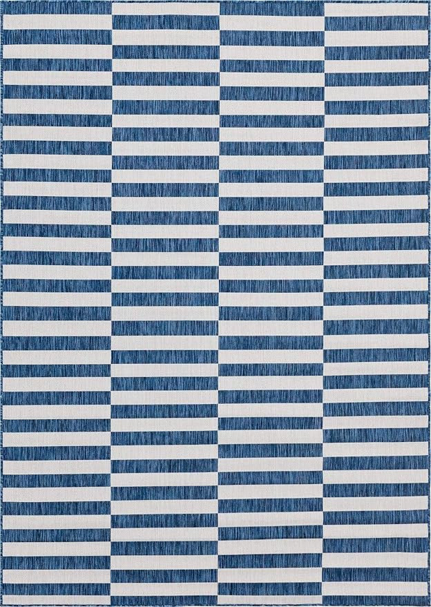 Unique Loom Outdoor Striped Collection Area Rug - Striped (7' 1" x 10' Rectangle, Blue/Ivory)