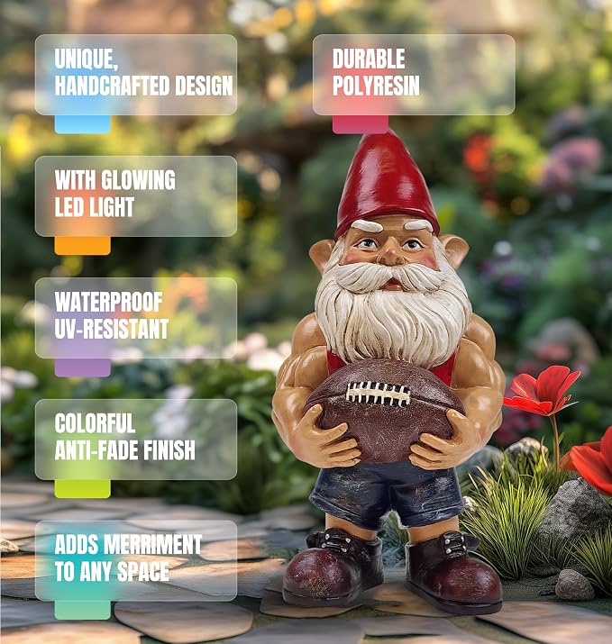 Better Office Products Garden Gnome Statue, 12" Height, Handcrafted Waterproof, UV-Resistant Polyresin Lawn Patio Porch Ornament Decoration (Muscled Football Player with Glowing Solar Light)