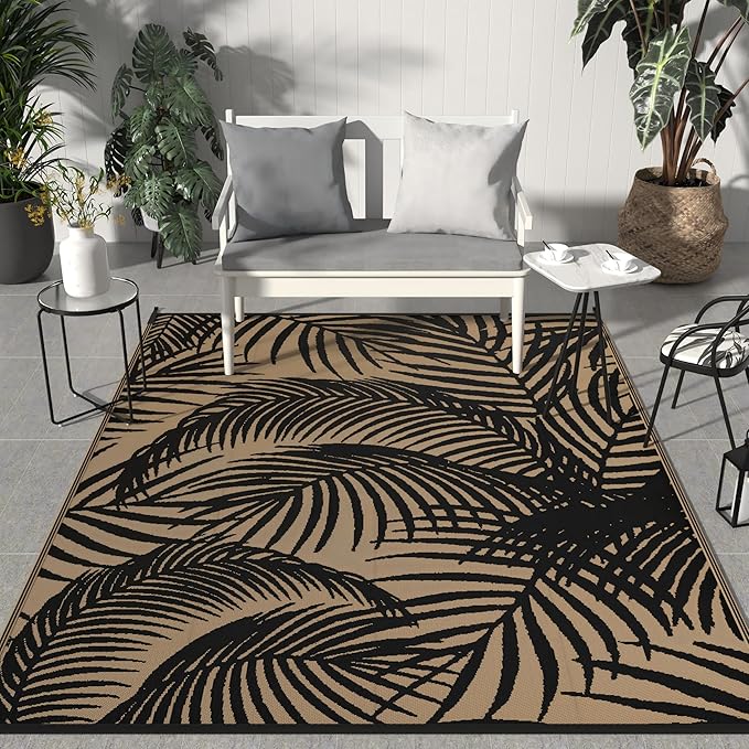 GENIMO Outdoor Rug 9' x 12' Waterproof for Patio Clearance, Reversible Plastic Straw Camping Carpet, Lightweight Mats for Rv, Backyard, Deck, Porch, Picnic, Beach, Balcony,Pitch Black & Brown