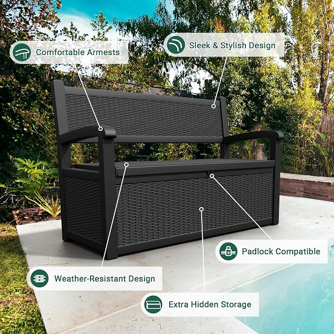 80 Gallon Outdoor Storage Bench, Resin Patio Storage Bench with Armrest, Lockable Deck Boxes Outdoor Waterproof and UV Resistant for Cushions, Garden Tools and Pool Supplies, Matte Black