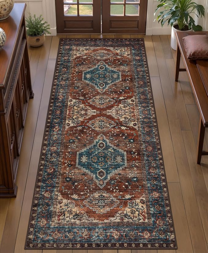 Tangsoo Vintage 2x5 Washable Runner Rug for Hallways, Non Slip Runner Rug | Soft Low Pile 2x5 Rug Runner, Print Distressed Carpet Runners for Kitchen Bedroom Entryway Bathroom Living Room Rust/Blue