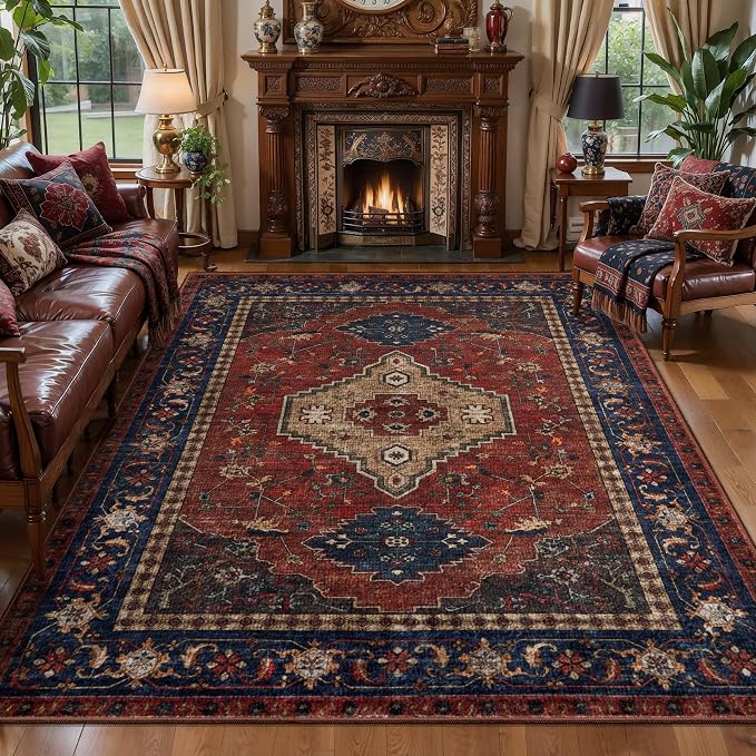 Tangsoo Red 5x7 Washable Area Rugs for Living Room, Oriental Non Slip Rug | Vintage Indoor Large Rug, Boho Print Carpet, Soft Low Pile Foldable Floor Rugs for Bedroom Dining Room Red Beige Home Decor