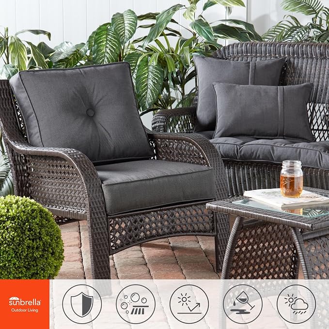 Sunbrella Deep Seat Cushion Set – Seat & Back Cushions for Patio Chairs, Sofas & Loveseats – Fade Resistant Outdoor Fabric, Ties, Zippered Cover, Cord Trim, Canvas Coal