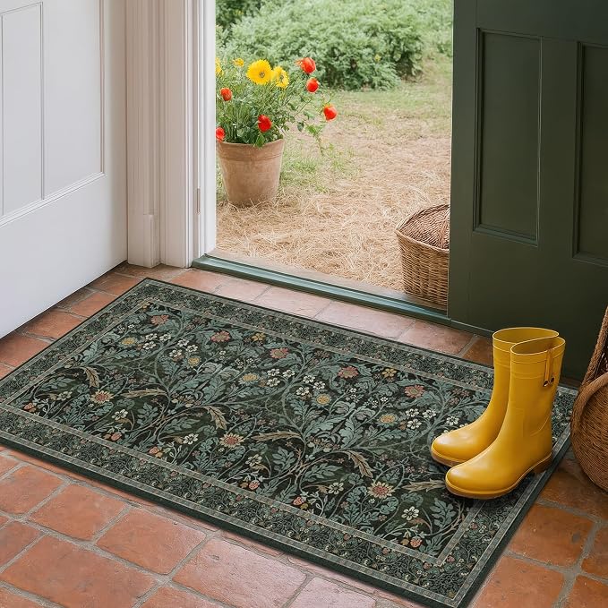 Floral Rug for Entryway Indoor 2x4, Small Soft Washable Carpet for Bedroom Beside Bed, Non Slip Kitchen Area Rugs, Mudroom Decor, Low Pile & Waterproof (Dark Green)