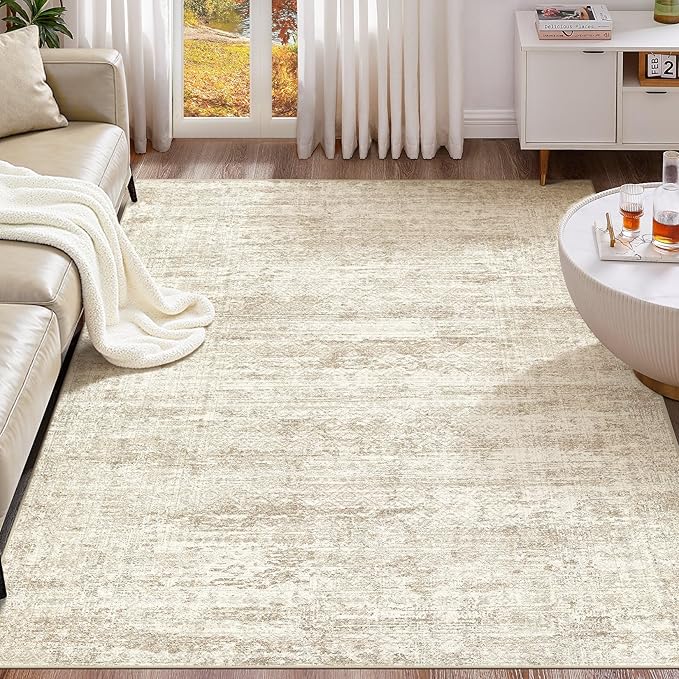 UERMEI 9x12 Washable Area Rug - Neutral Modern Abstract Living Room Rugs, Non-Slip Soft Large Indoor Floor Carpet for Bedroom Home Office & Under Dining Table Decor, Beige/Brown
