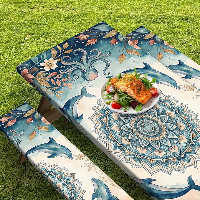 Picnic Table Cover with Bench Covers Elastic Edges, Coastal Camper Fitted Table Cover, Outdoor Camping Essentials 72 Inch 3PCS, Waterproof Camping Fitted Tablecloth with Drawstring Bag
