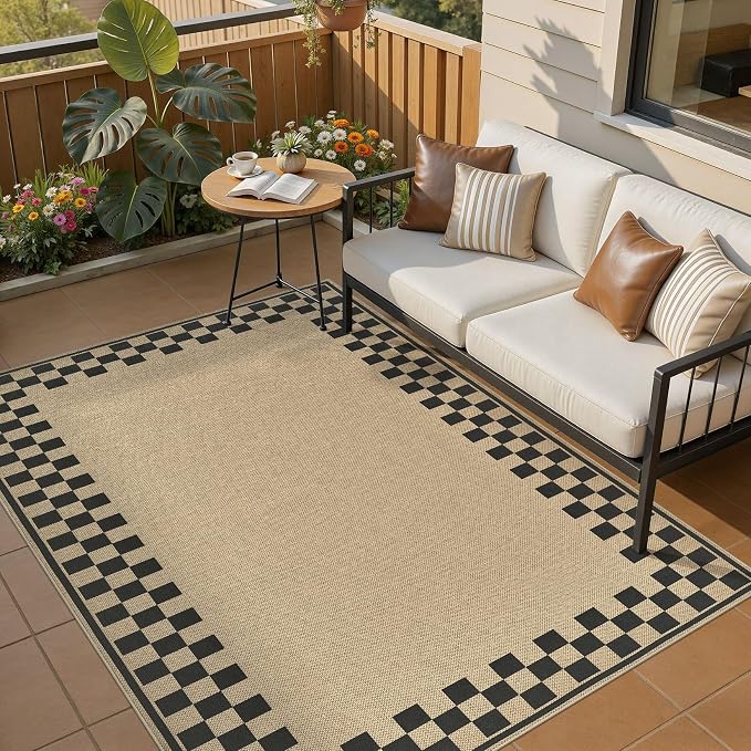 UERMEI 4x6 Outdoor Jute Area Rug Patio Neutral Washable Checkered Brown | Easy Non Slip Pet Friendly Indoor Farmhouse Carpet for Living Room Bedroom Dining Backyard