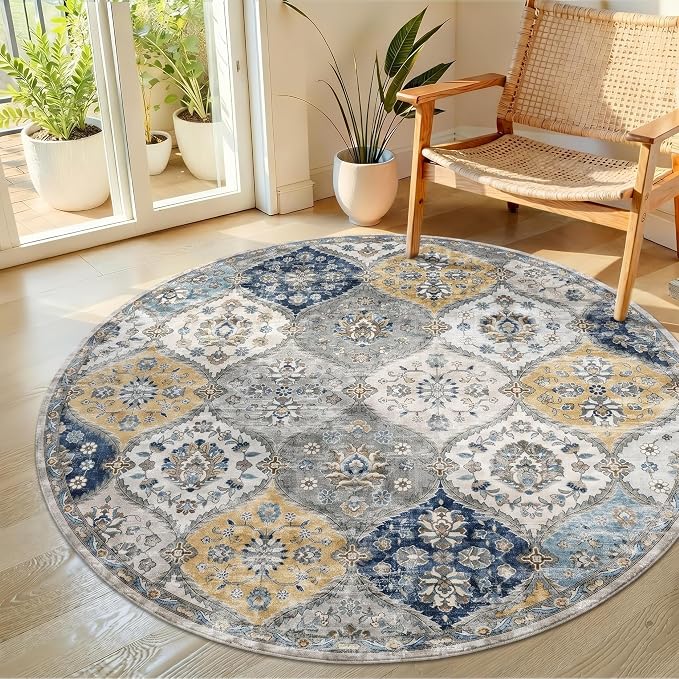 ROYHOME Washable Round Rug 5ft Moroccan Washable Area Rug, Blue/Yellow | Stain Resistant Non-Slip Circle Rug Vintage Distressed Round Throw Carpet for Living Room Bedroom Kids Room Playroom