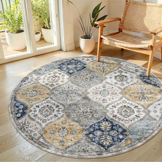 ROYHOME Washable Round Rug 5ft Moroccan Washable Area Rug, Blue/Yellow | Stain Resistant Non-Slip Circle Rug Vintage Distressed Round Throw Carpet for Living Room Bedroom Kids Room Playroom