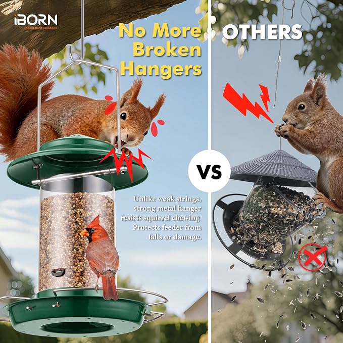 iBorn Bird Feeder Metal Squirrel Chew-Proof Bird Feeders for Outdoors Hanging for Cardinal Outside, Holds 1.32LB Seed with 3 Perchs, Green (Seed is not Included)