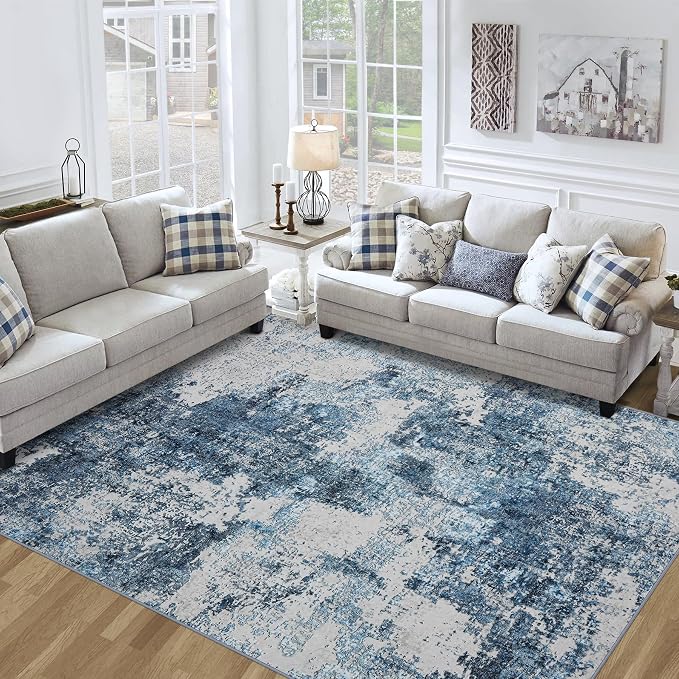 Tosuoka 8x10 Area Rugs for Living Room Abstract Washable Blue Rug | With Anti-Slip Backing，Non-Shedding，Stain-Resistant，Soft Modern Large Carpet for Bedroom Dining Room Farmhouse Nursery