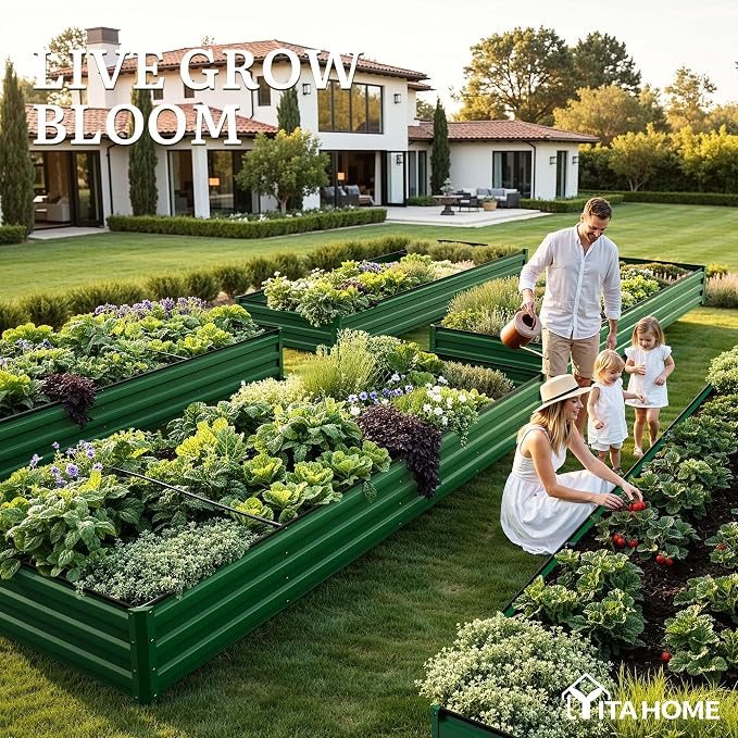 YITAHOME 12x4x1ft Galvanized Raised Garden Bed, Metal Planter Box with Safety Rubber, Gloves, Outdoor Flower Bed for Planting Plants Vegetables, Green
