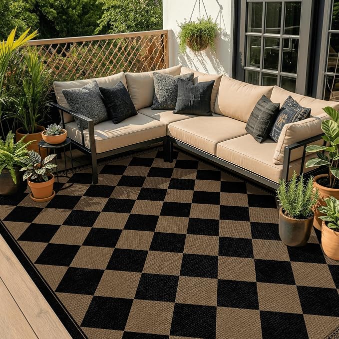 Boho Checkered Easy Jute Indoor Outdoor Rugs for Dining Room Living Room Patio 5x7, Non Skid Washable Checkered Outdoor Rug, Farmhouse Geometric Carpet for Bedroom, Backyard, Brown Diamond Décor