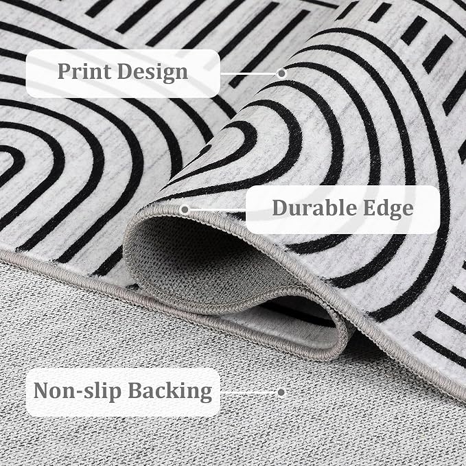 ROYHOME Modern Washable Rug Rainbow 4x6 Area Rugs for Living Room Non Slip | Abstract Rug for Bedroom, Throw Rugs with Rubber Back, Low Pile Stain Resistant Geometric Carpet for Playroom Dorm BlackWhite
