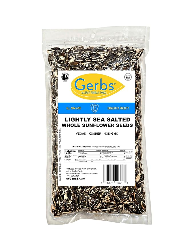 Gerbs Lightly Sea Salted Whole Sunflower Seeds 1 lb. | Small Batch, No Artificial Additives, Resealable Bag | Crack-and-Eat Crunchy Snack | Top 14 Allergen-Free