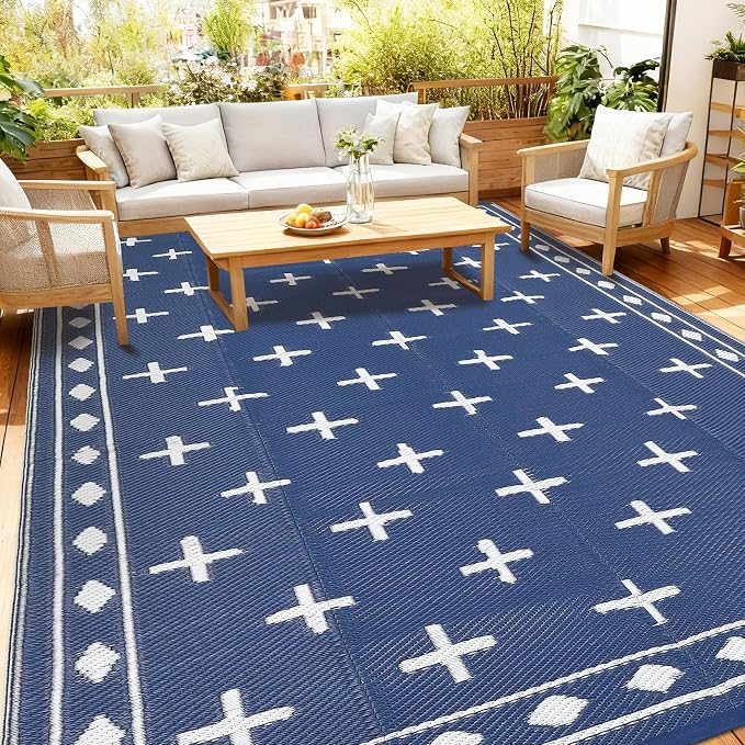 Outdoor Rug 9x12 Modern Area Rugs for Indoor and Outdoor Patios and Porches - Waterproof, Washable, Non-Shedding, Easy-to-Clean Outside Carpet，Navy/Blue