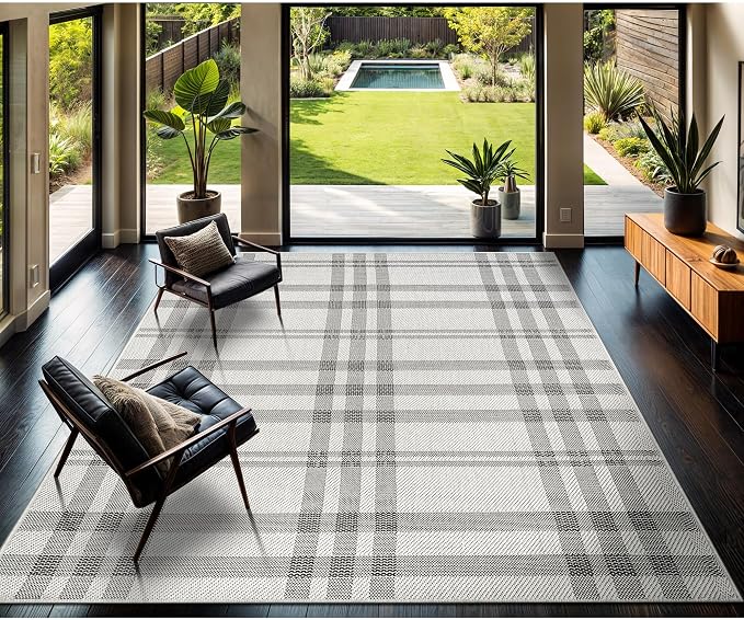 CAMILSON Easy Jute Rug 6x9, Indoor Outdoor Off-White Color Fiber Area Rugs for Entry, Living Room and Farmhouse Rug, Checkred Boho Woven Design, Easy-Cleaning, Washable Outside Carpet (6 x 9)