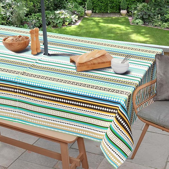 Outdoor Tablecloth with Umbrella Hole and Zipper, Rectangle Patio Table Covers for Spring/Summer, Machine Washable Outdoor Picnic Table Cloth (Stripes, 60" × 84" Rectangular)