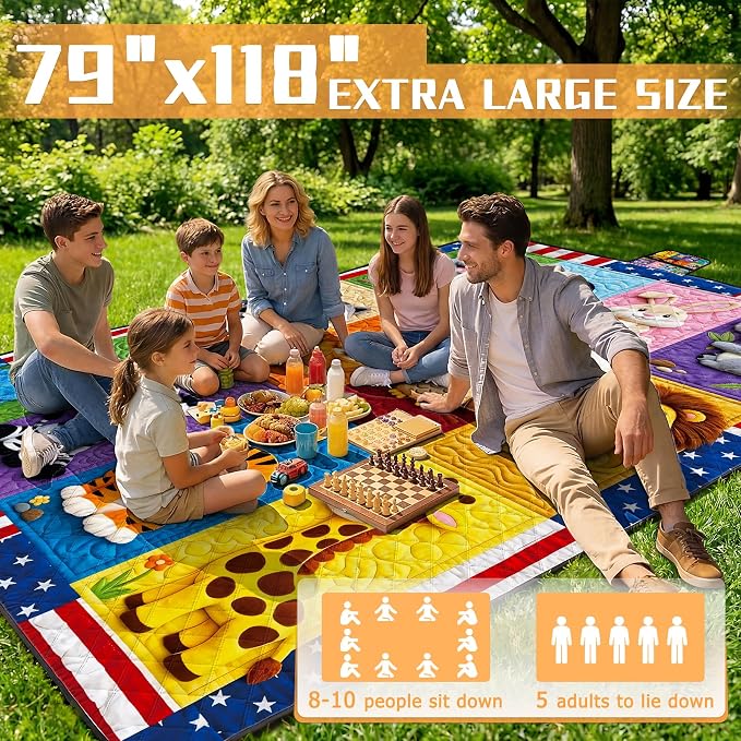 79" x 118" Picnic Blanket Extra Large,Waterproof Sandproof Foldable Outdoor Blanket Beach Blanket Ocean Picnic Mat for Camping,Lawn,Park(Animal)