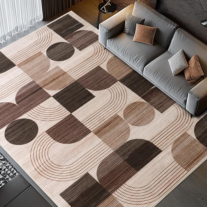 Soft Modern Geometric Abstract Machine Washable Large 8x10 Area Rug | Brown Rugs for Bedroom Living Room, Non-Shedding Faux Wool Indoor Throw Floor Carpet for Office Entryway Dining Room Decor