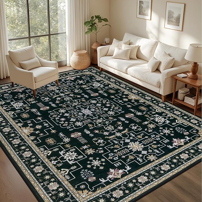 9x12 Area Rugs Living Room: Washable Vintage Rug for Bedroom Black | Vintage No Slip Stain Resistant Rug Soft Indoor Decor Floor Floral Area Rugs for Dining Room, Nursery, Hallway, Home Office
