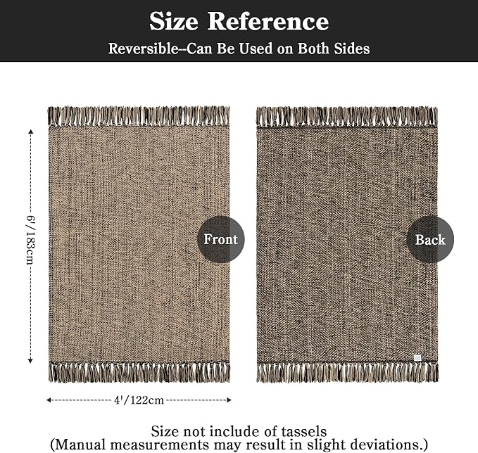4' x 6' Bedroom Area Rug, Modern Farmhouse Indoor Outdoor Rugs | Boho Living Room Rug, Natural/Black Hand Woven Comfy Bedside Mats Reversible Dining Room Carpet for Nursery Room Patio Decor