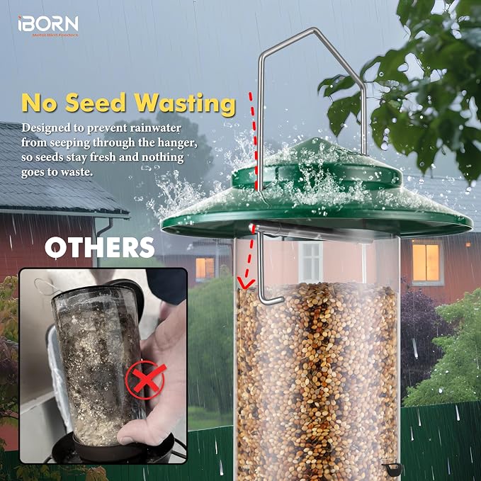 iBorn Bird Feeder Metal Squirrel Chew-Proof Bird Feeders for Outdoors Hanging for Cardinal Outside, Holds 1.32LB Seed with 3 Perchs, Green (Seed is not Included)