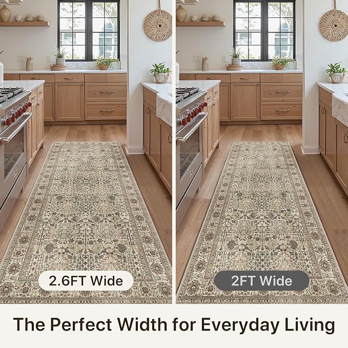 2'6" x 6' Kitchen Runner Rug, Washable Non Slip, Dark Espresso | Vintage Floral, Spill Resistant, Lightweight Low Pile Carpet for Hallway, Bedroom, Laundry Room and Bathroom
