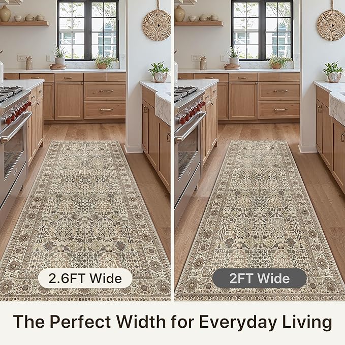 2'6" x 8' Kitchen Runner Rug, Washable Non Slip, Dark Espresso | Vintage Floral, Spill Resistant, Lightweight Low Pile Carpet for Hallway, Bedroom, Laundry Room and Bathroom