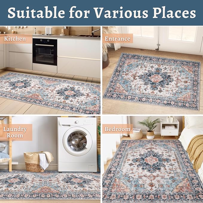 Tangsoo 2x5 Washable Runner Rug for Hallways, Vintage Non Slip Rug Runner | Boho Soft Low Pile Print Distressed Rug, Oriental Blue/Orange Runner Rugs for Kitchen Bedroom Entryway Bathroom Living Room